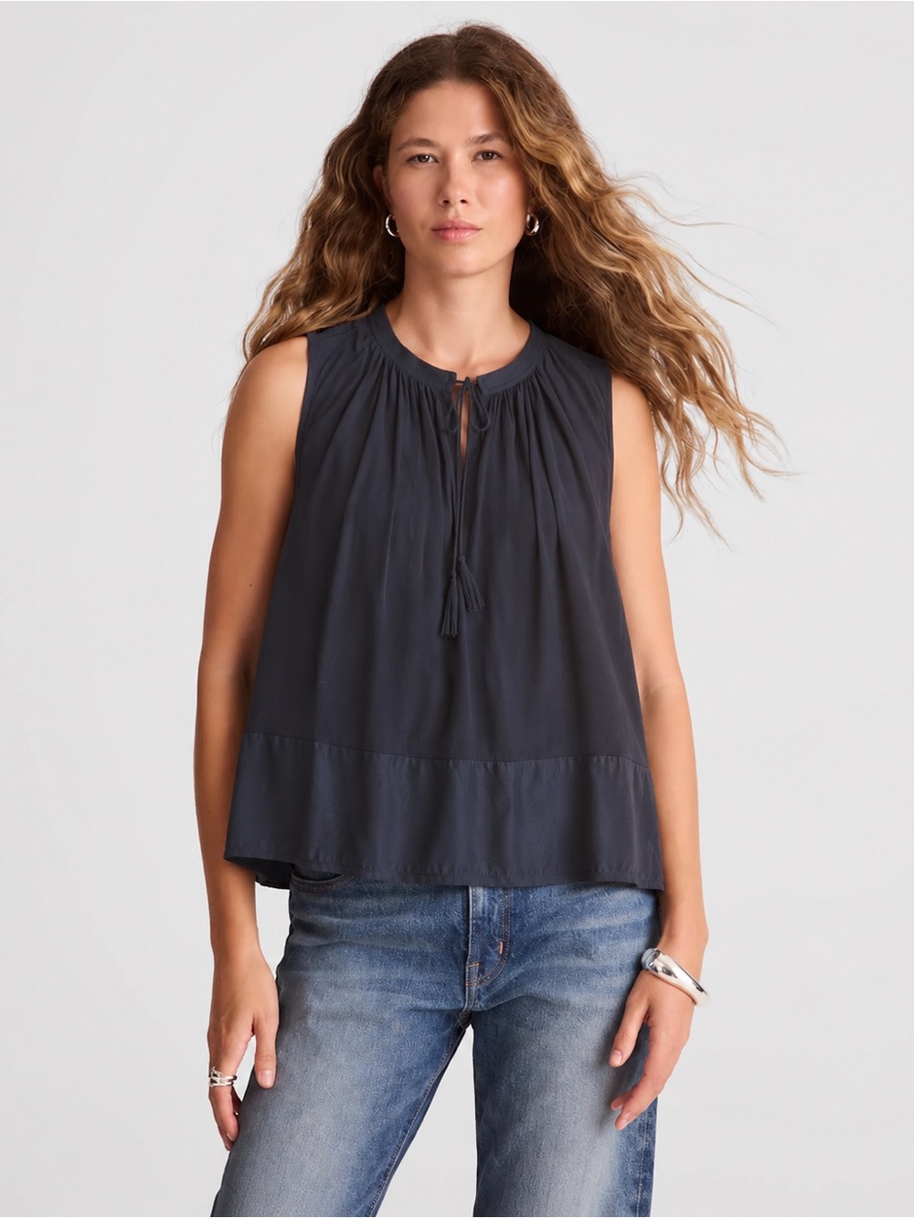 Madewell Shadowbox Silk Tank Black 100% Silk Tassel Blouse S